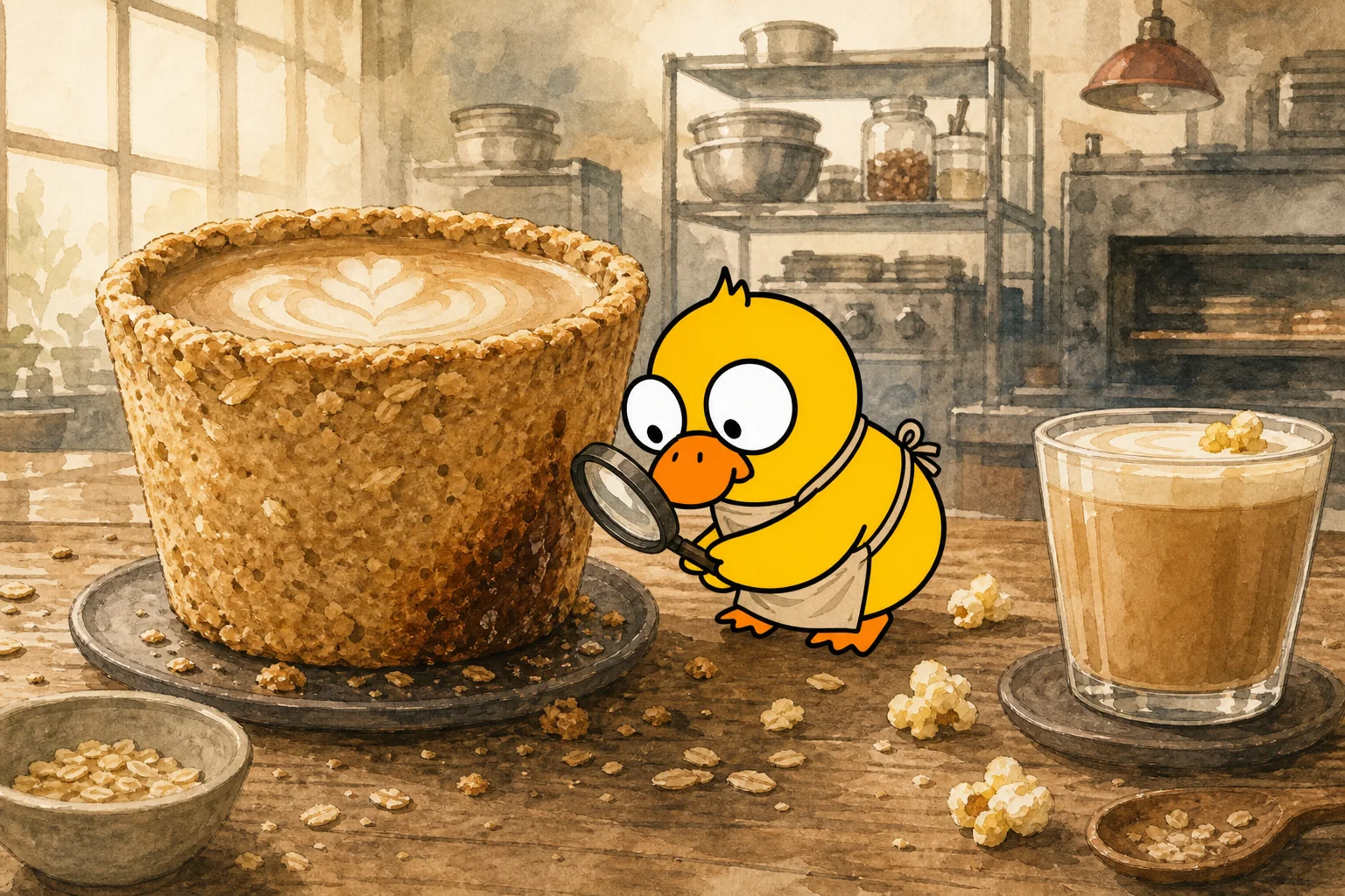 Tatia inspects an edible cookie coffee cup in a bakery workshop