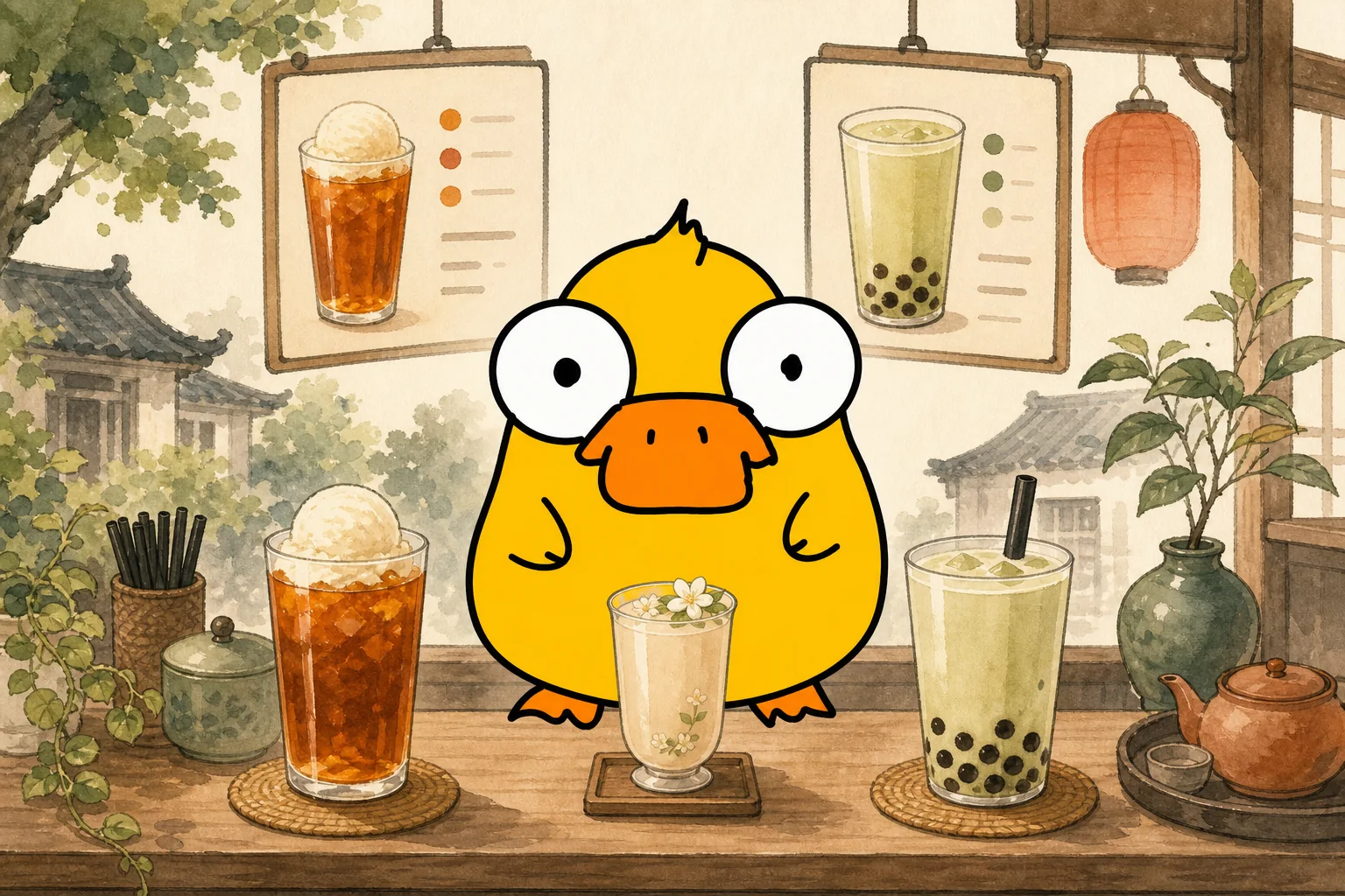 Black tea with ice cream, jasmine tea and milk green tea