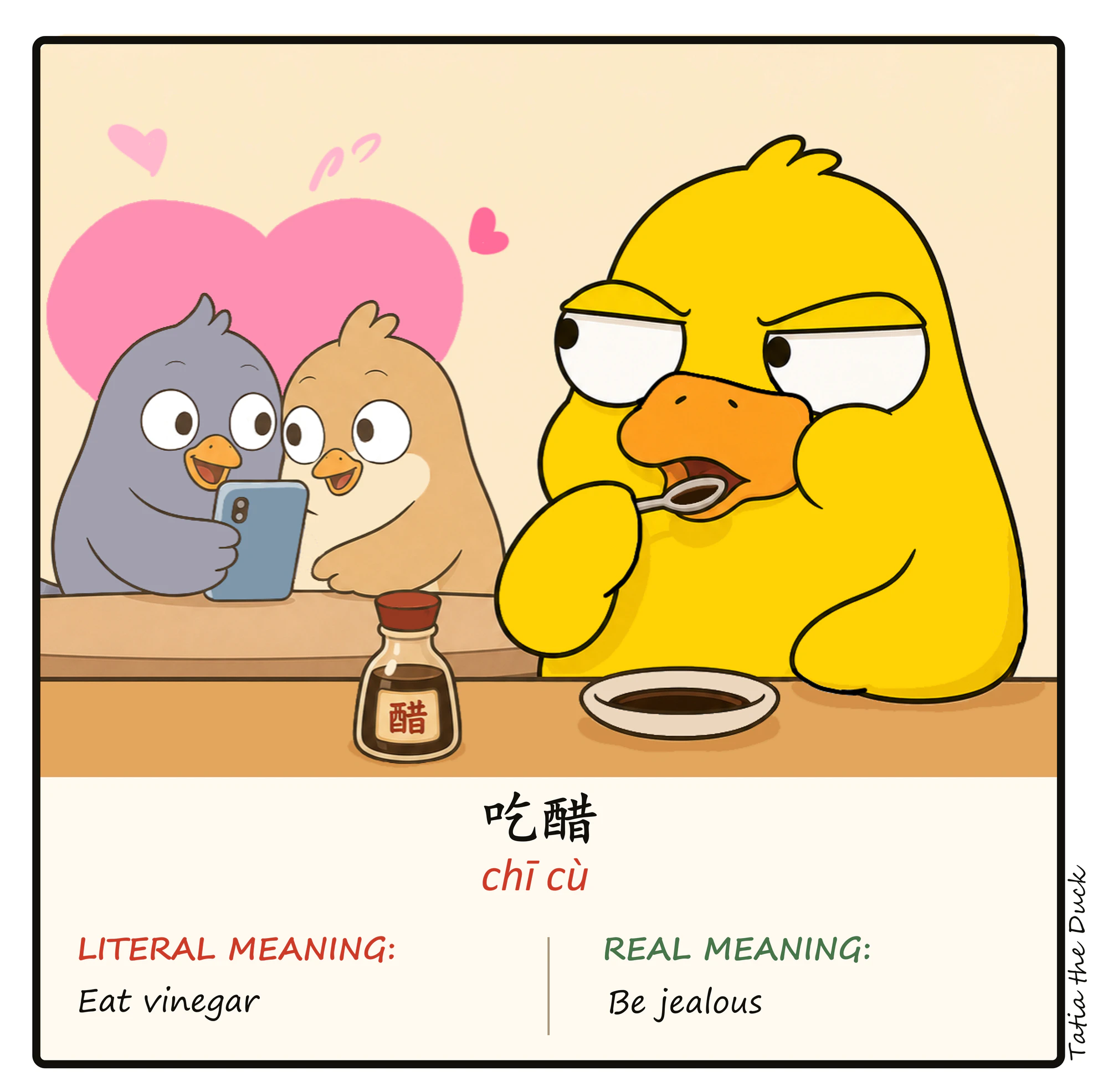 Tatia illustrates the meaning of 吃醋