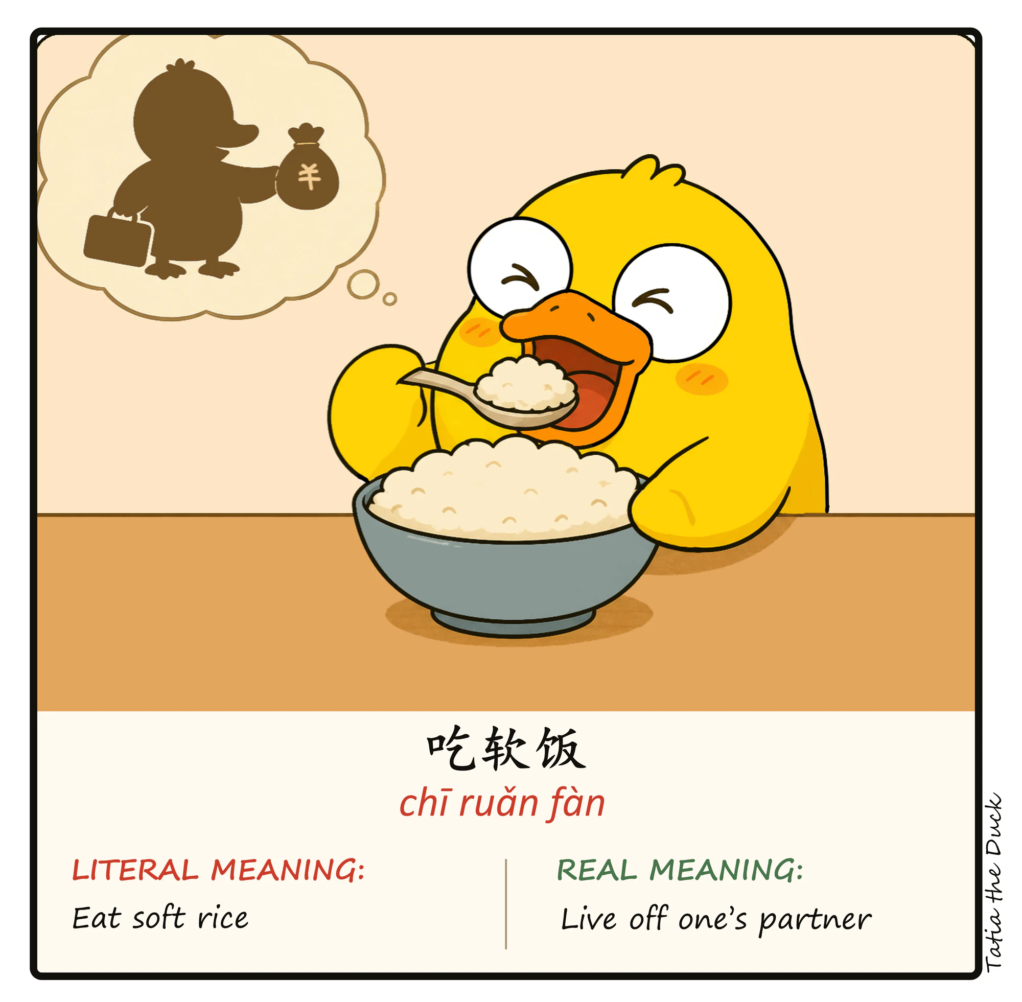 Tatia illustrates the meaning of 吃软饭