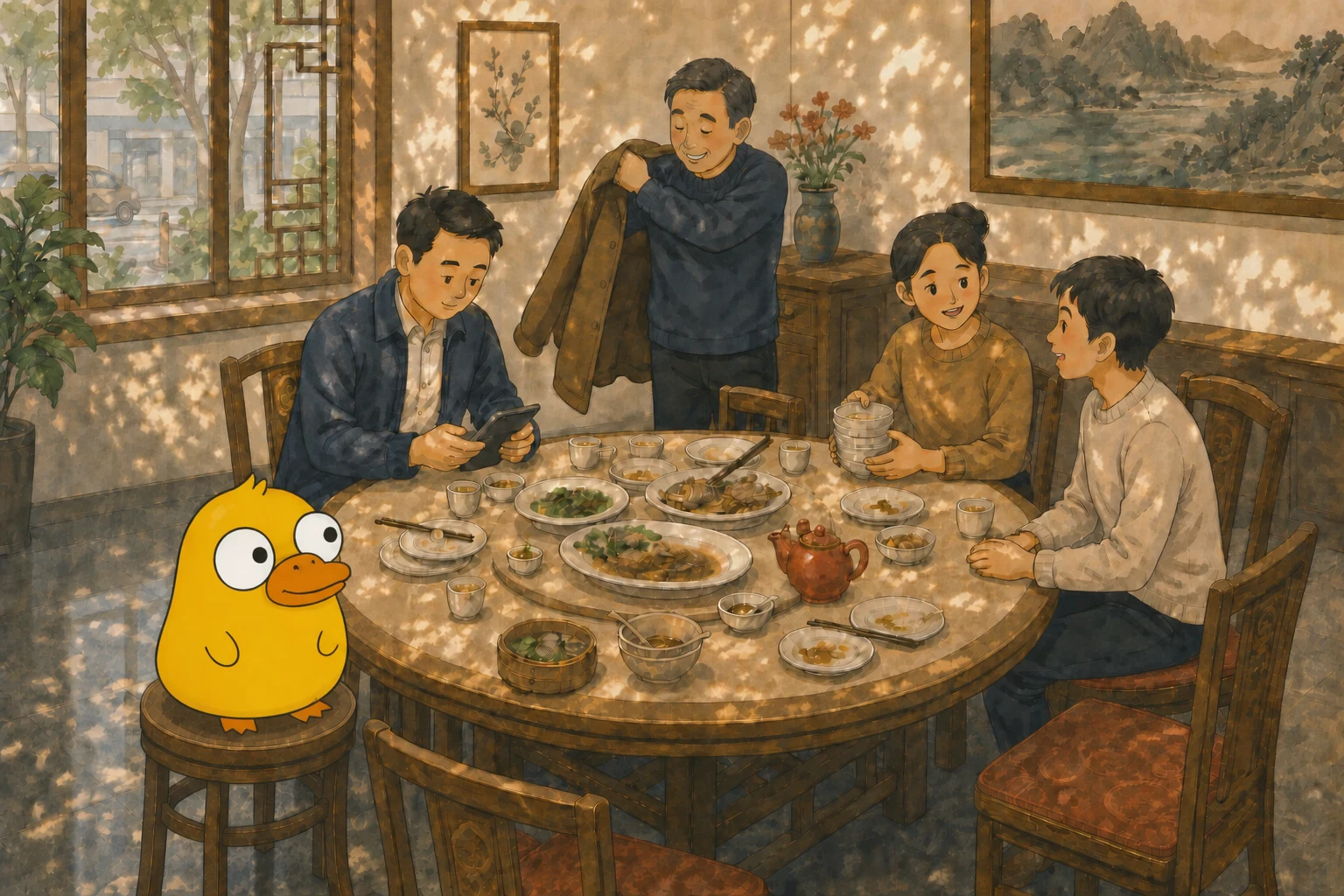 A Chinese family finishing lunch while one person pays naturally and the others clear the table