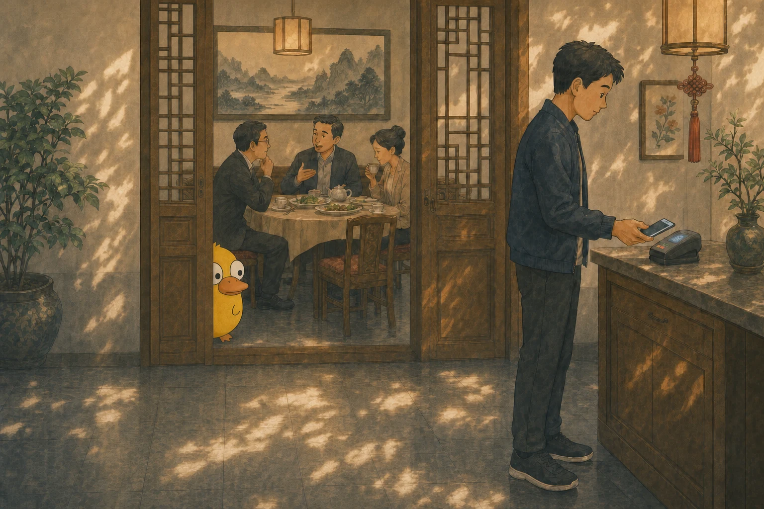 A colleague quietly paying at the side counter before a Chinese business dinner ends