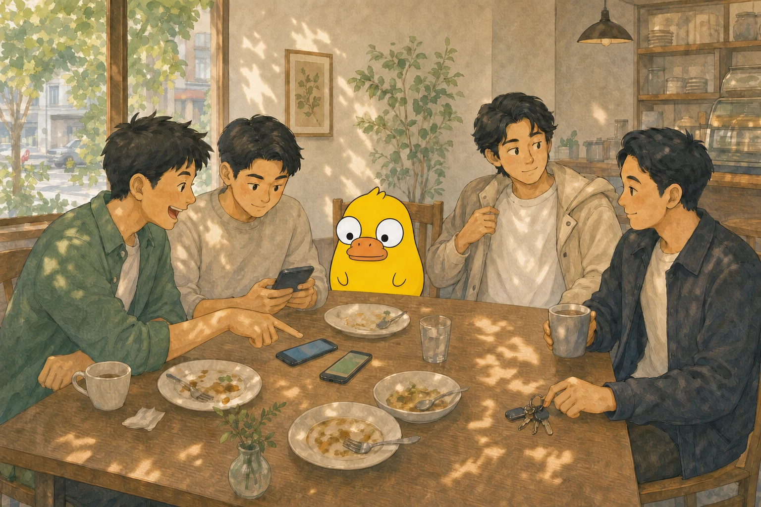 Young Chinese friends checking their phones and casually splitting a restaurant bill